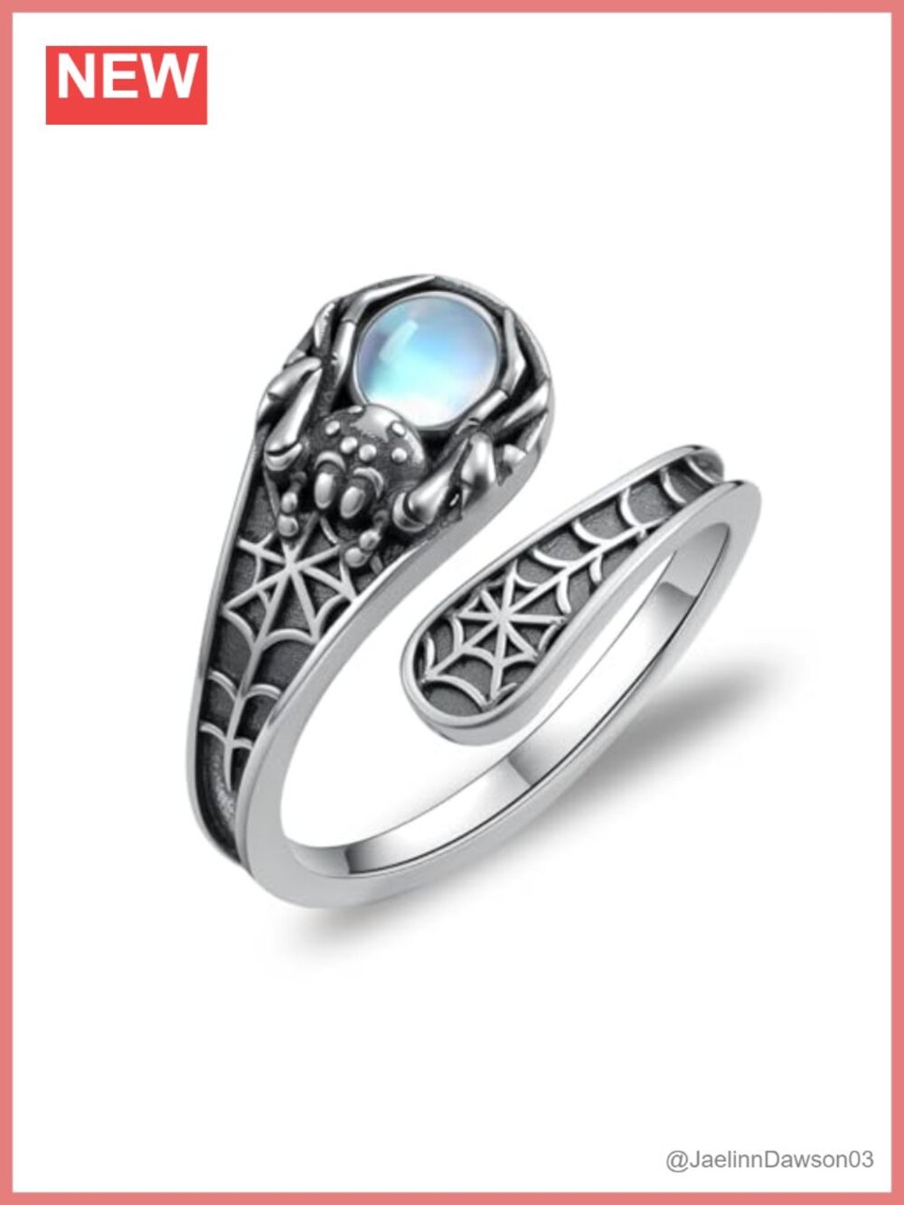 925 Sterling Silver Spider Spoon Ring Moonstone Adjustable Size 7 Halloween